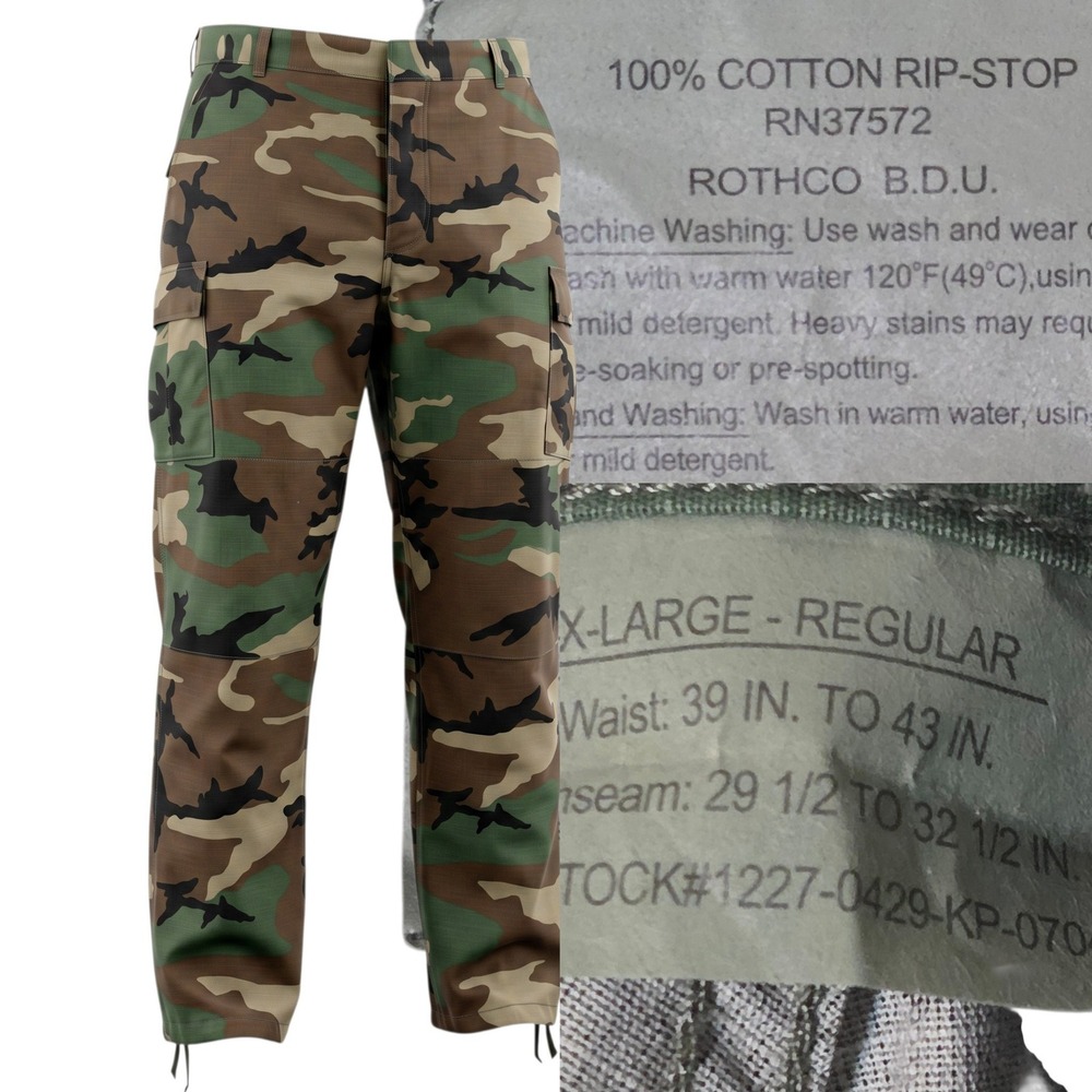 Rothco BDU Cargo Pants Men XL Regular Camo Woodland Ripstop Tactical 39-43 Waste